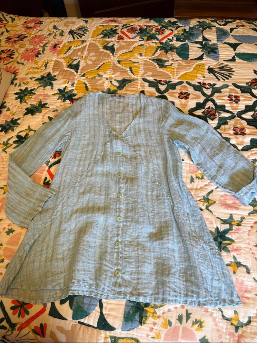 Flax Pale Blue Striped Lightweight Linen Top